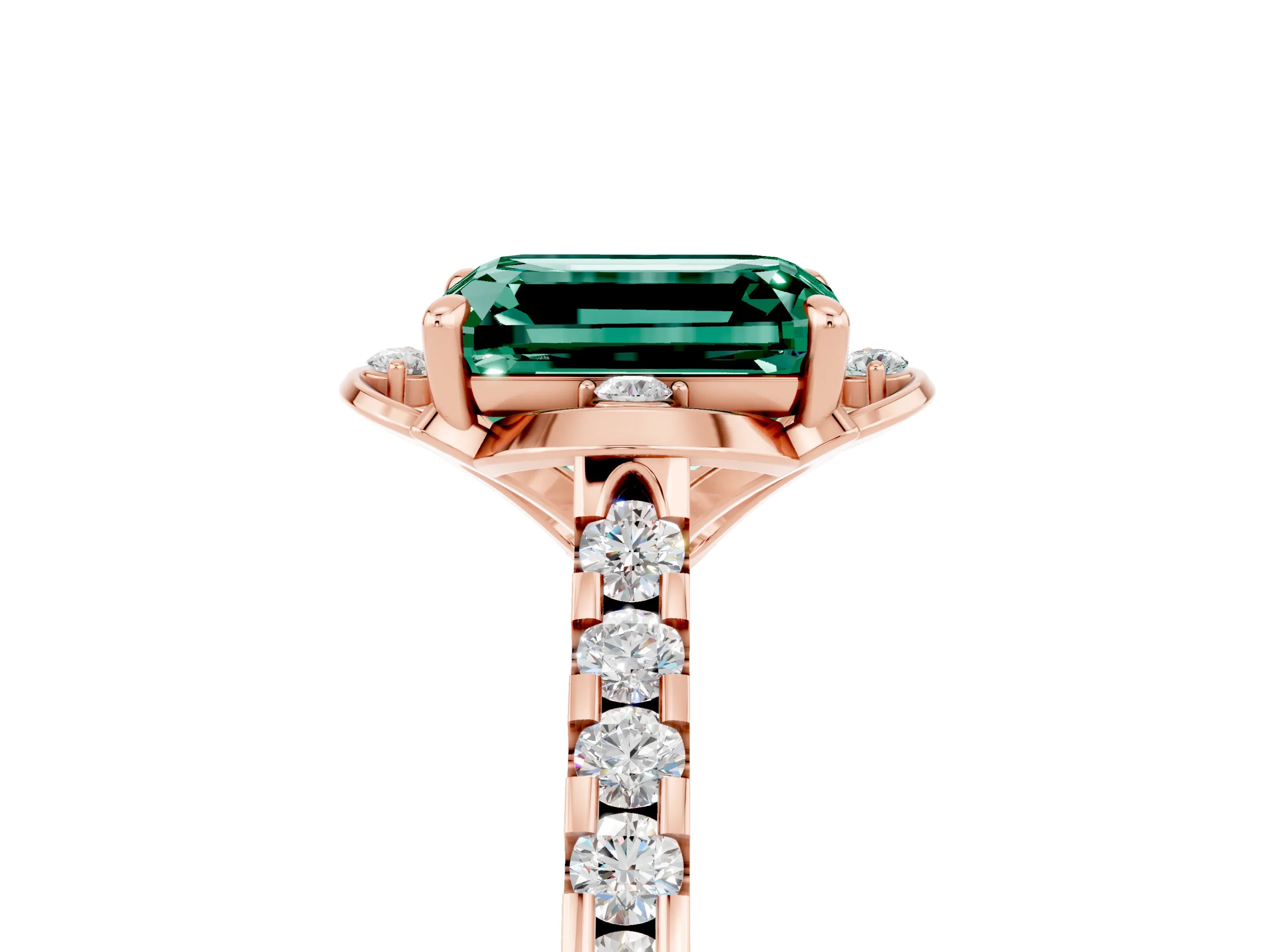 Rose gold Emerald Cut Green Sapphire Ring with Pavé Band and Floral Prong Setting_5