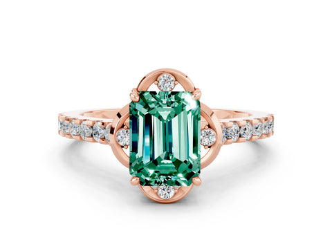 Rose gold Emerald Cut Green Sapphire Ring with Pavé Band and Floral Prong Setting