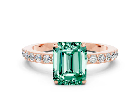Rose gold Emerald Cut Green Sapphire Ring with Pavé Band and Four-Prong Setting