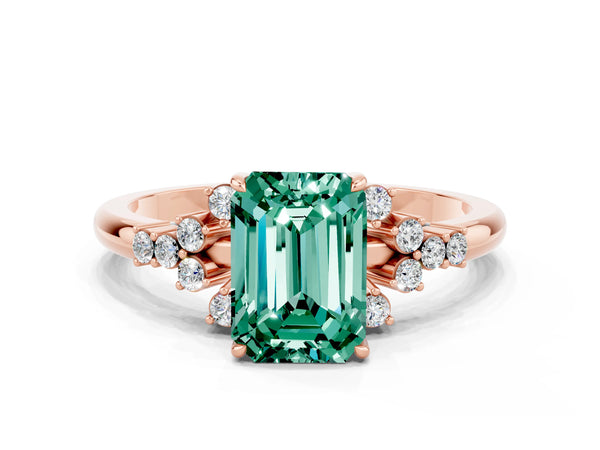 Rose gold Emerald Cut Green Sapphire Ring with Side Stones and Four-Prong Setting