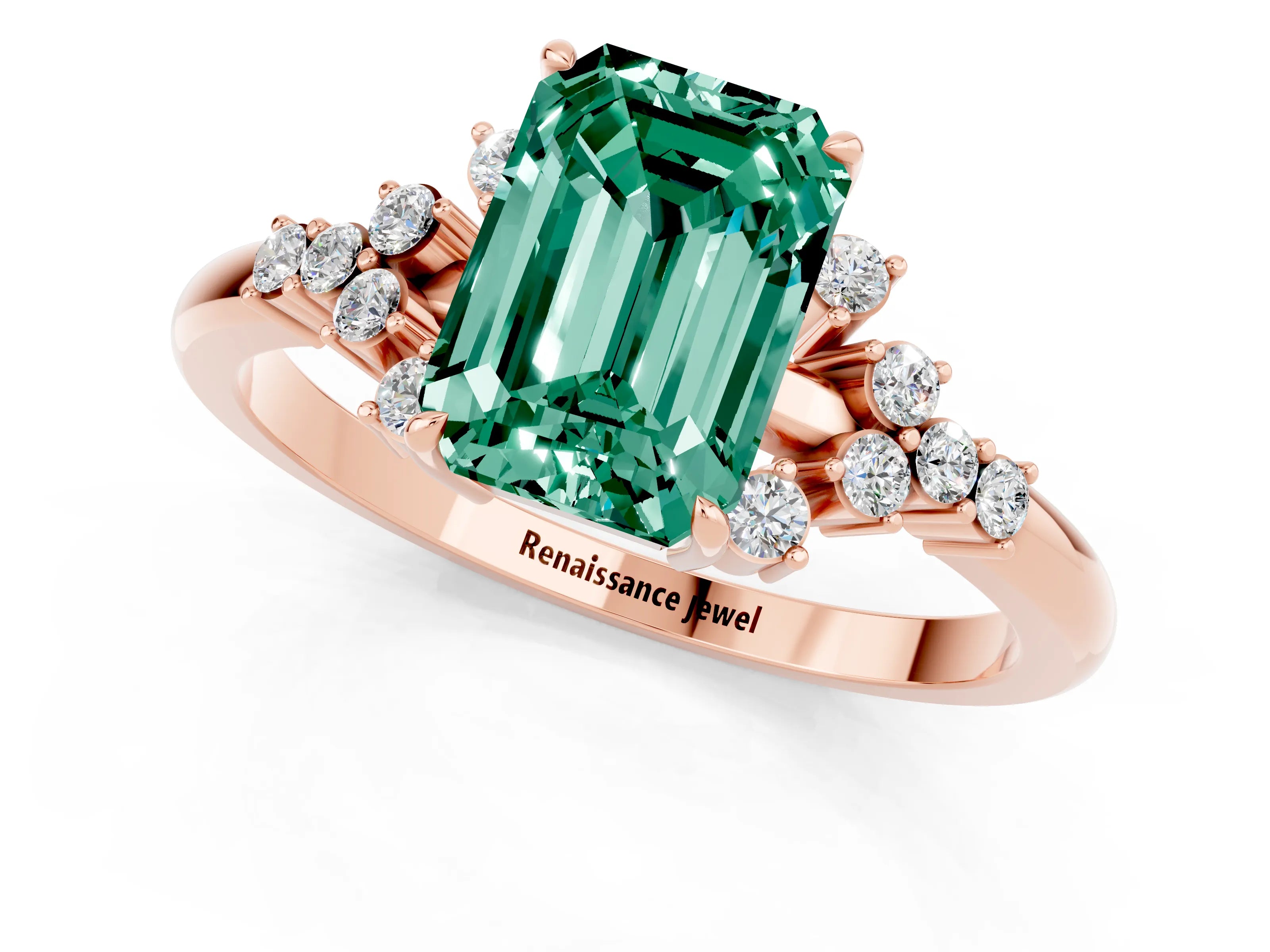 Rose gold Emerald Cut Green Sapphire Ring with Side Stones and Four-Prong Setting_37