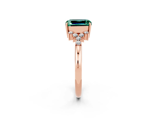 Rose gold Emerald Cut Green Sapphire Ring with Side Stones and Four-Prong Setting