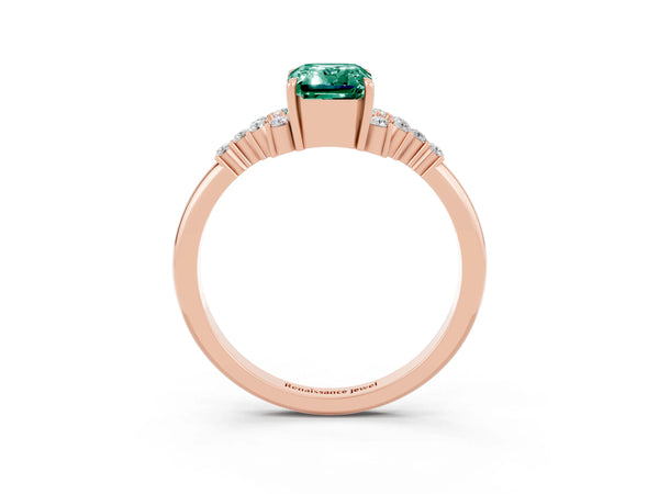 Rose gold Emerald Cut Green Sapphire Ring with Side Stones and Four-Prong Setting