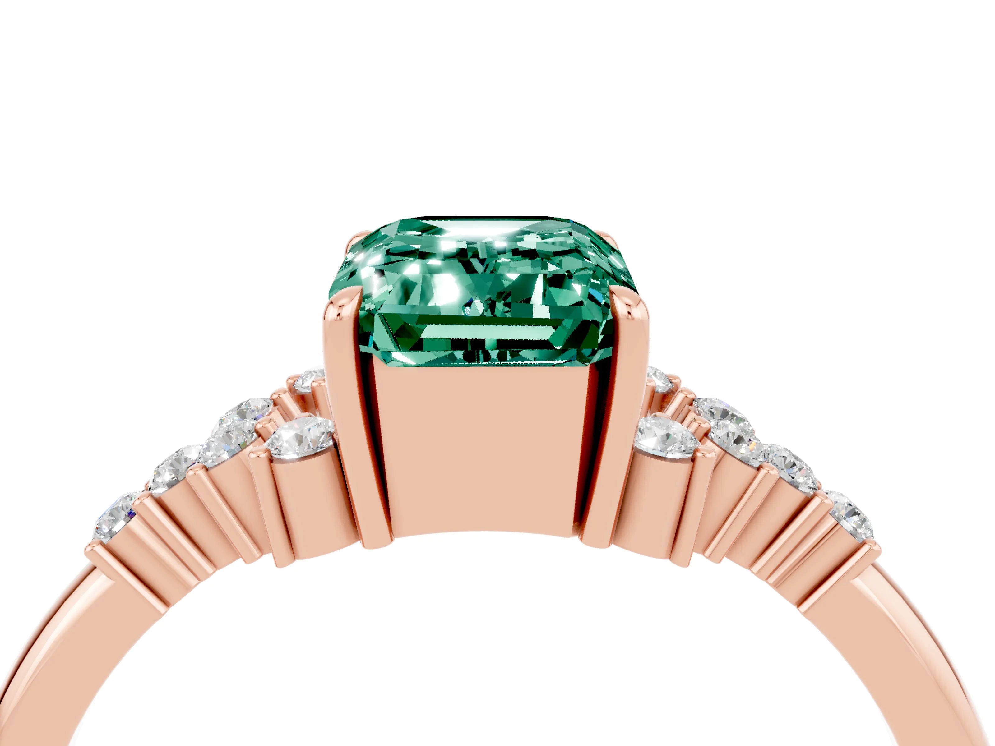 Rose gold Emerald Cut Green Sapphire Ring with Side Stones and Four-Prong Setting_40