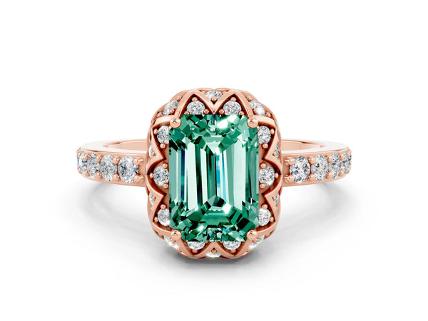 Rose gold Emerald Cut Green Sapphire Scalloped Halo Engagement Ring with Round Shared Prong Band
