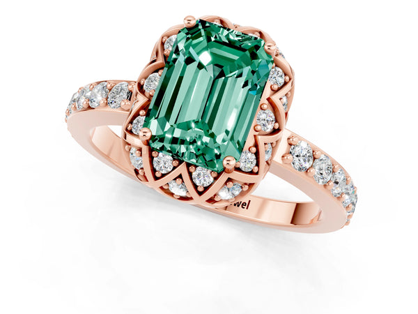 Rose gold Emerald Cut Green Sapphire Scalloped Halo Engagement Ring with Round Shared Prong Band