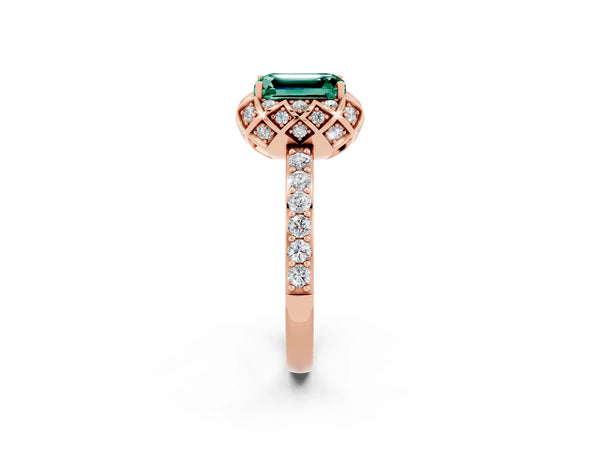 Rose gold Emerald Cut Green Sapphire Scalloped Halo Engagement Ring with Round Shared Prong Band