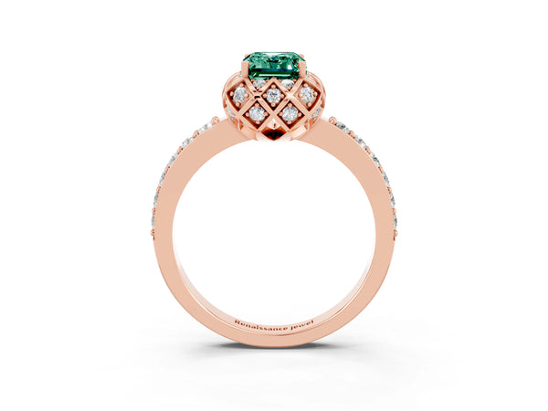 Rose gold Emerald Cut Green Sapphire Scalloped Halo Engagement Ring with Round Shared Prong Band