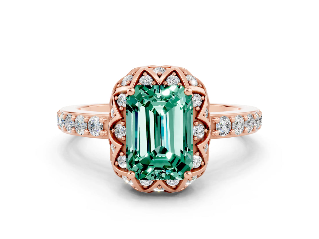 Rose gold Emerald Cut Green Sapphire Scalloped Halo Engagement Ring with Round Shared Prong Band_24