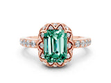 Rose gold Emerald Cut Green Sapphire Scalloped Halo Engagement Ring with Round Shared Prong Band_24