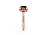 Rose gold Emerald Cut Green Sapphire Scalloped Halo Engagement Ring with Round Shared Prong Band_26