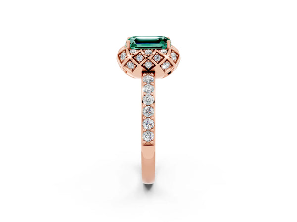 Rose gold Emerald Cut Green Sapphire Scalloped Halo Engagement Ring with Round Shared Prong Band