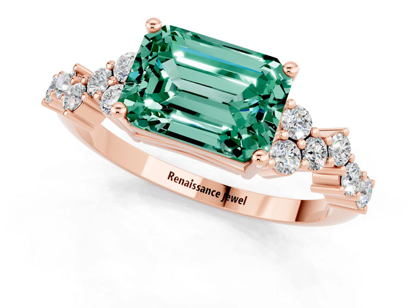Rose gold Emerald Cut Green Sapphire Scattered Round Accent Ring with Prong Setting