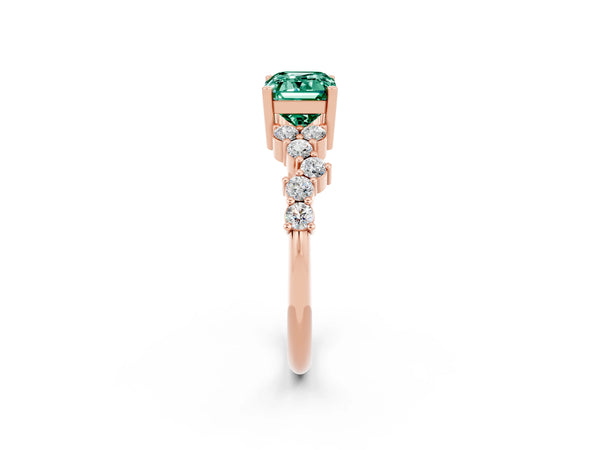 Rose gold Emerald Cut Green Sapphire Scattered Round Accent Ring with Prong Setting