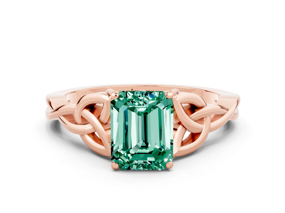 Rose gold Emerald Cut Green Sapphire Solitaire Celtic Knot Ring with Four-Prong Setting_12