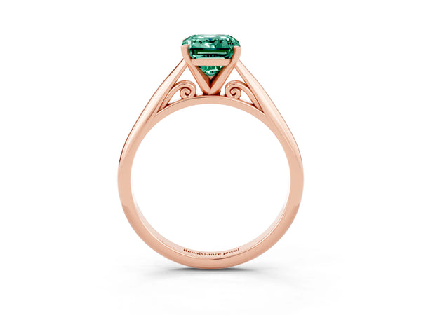 Rose gold Emerald Cut Green Sapphire Solitaire Engagement Ring with Cathedral Setting and Four-Prong Mount