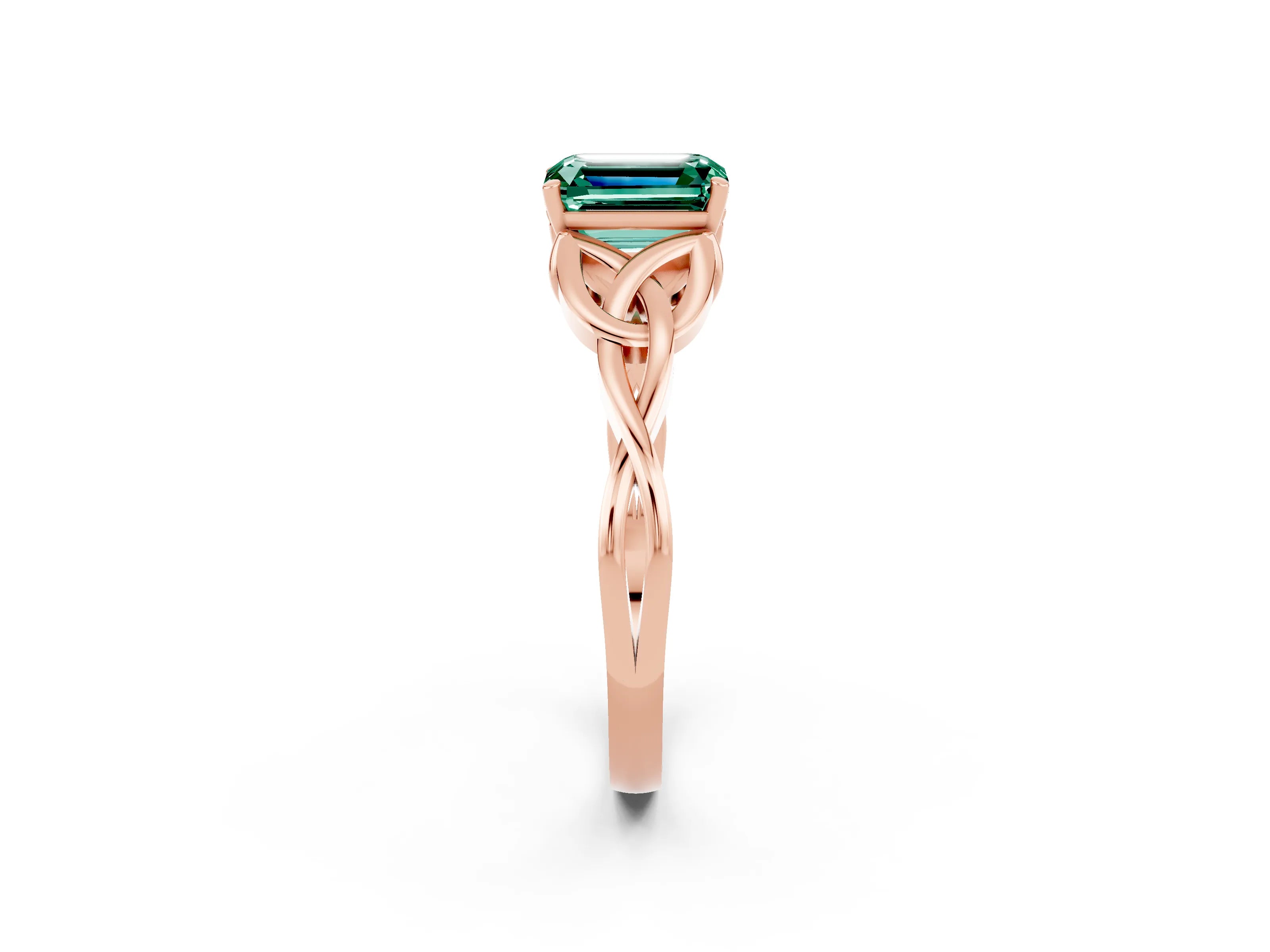 Rose gold Emerald Cut Green Sapphire Solitaire Engagement Ring with Celtic Knot Band and Four-Prong Setting_2