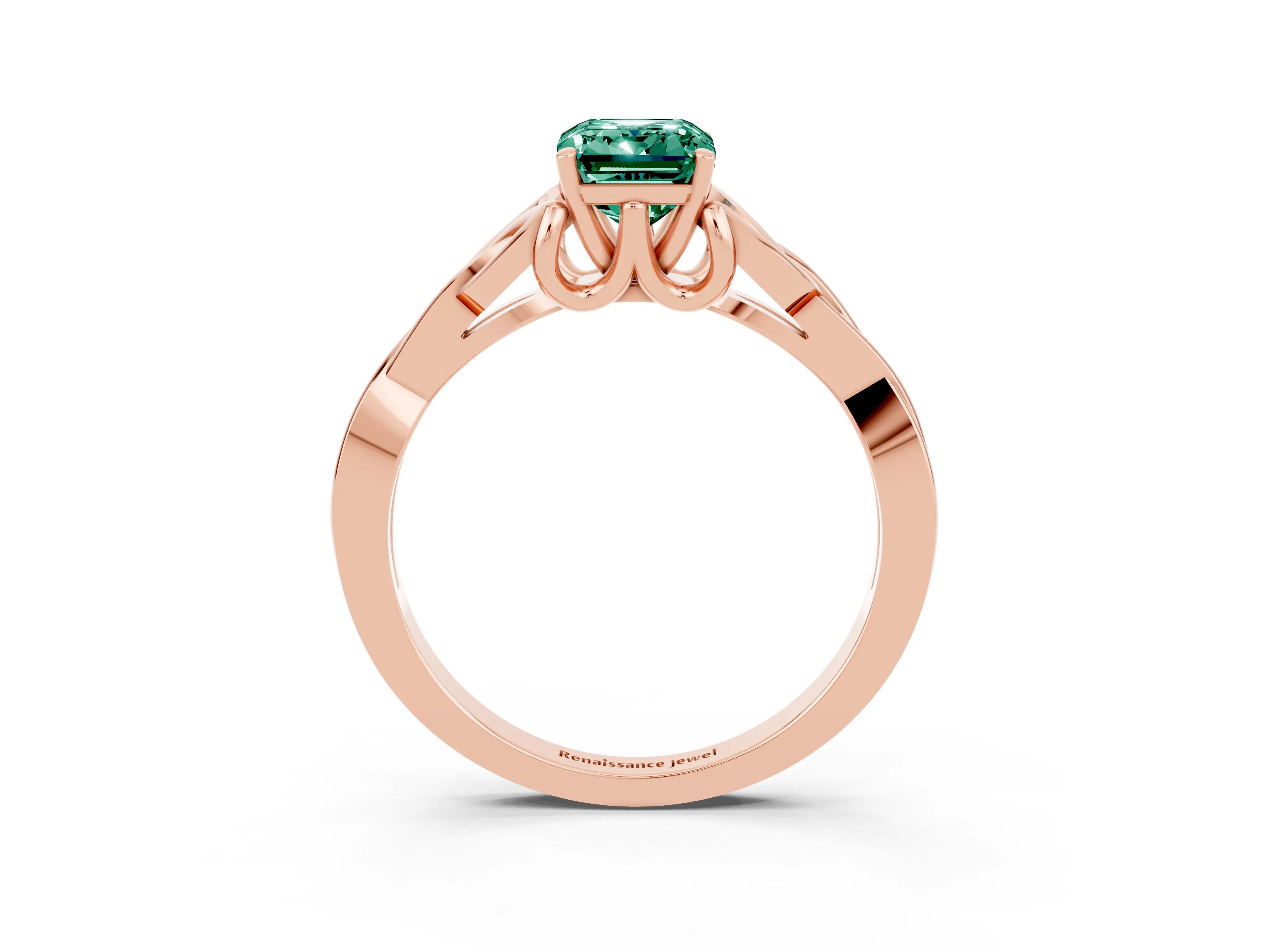 Rose gold Emerald Cut Green Sapphire Solitaire Engagement Ring with Celtic Knot Band and Four-Prong Setting_3