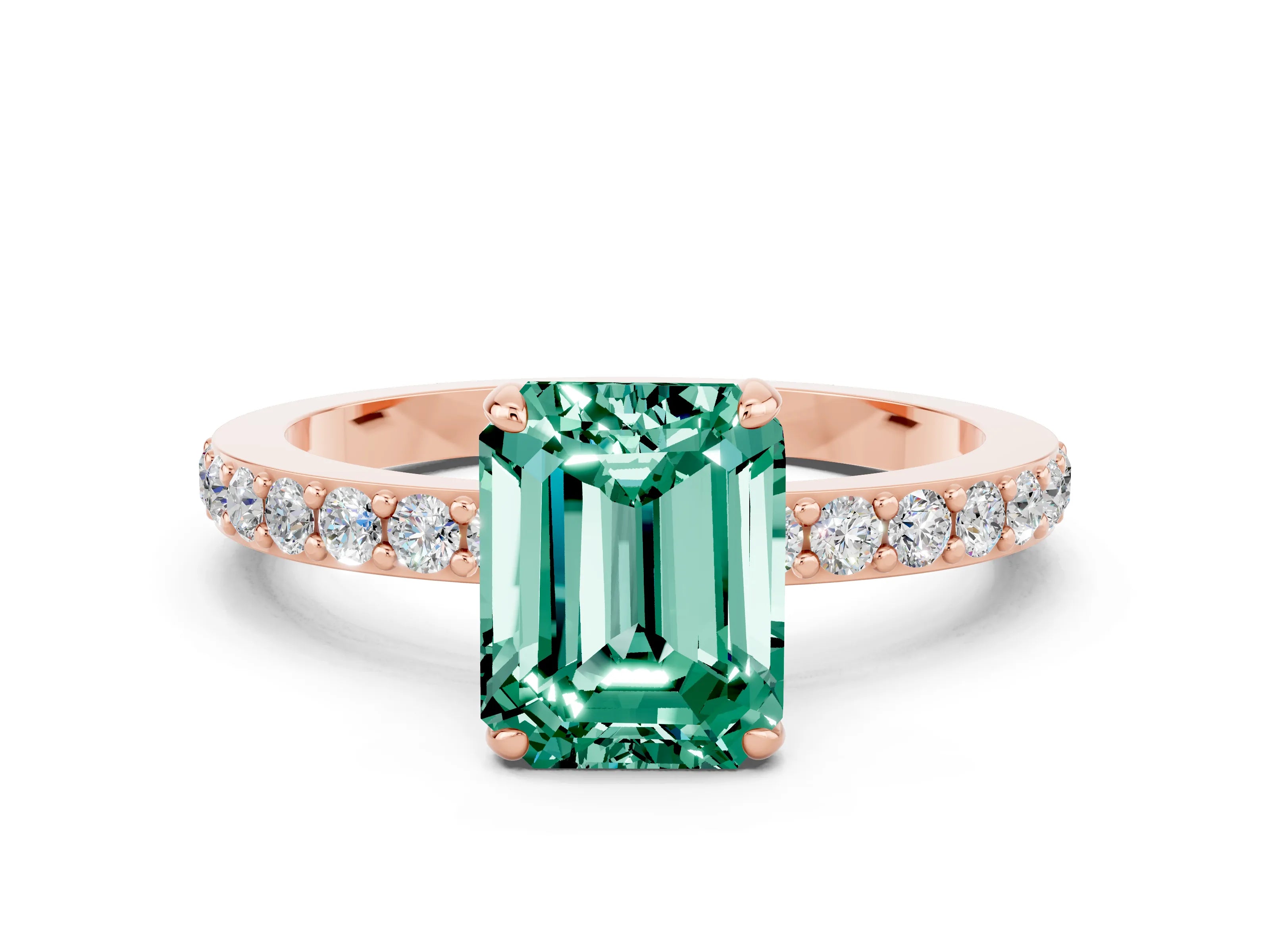Rose gold Emerald Cut Green Sapphire Solitaire Engagement Ring with Pavé Band and Four-Prong Setting