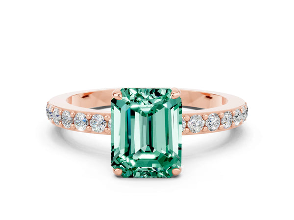 Rose gold Emerald Cut Green Sapphire Solitaire Engagement Ring with Pavé Band and Four-Prong Setting