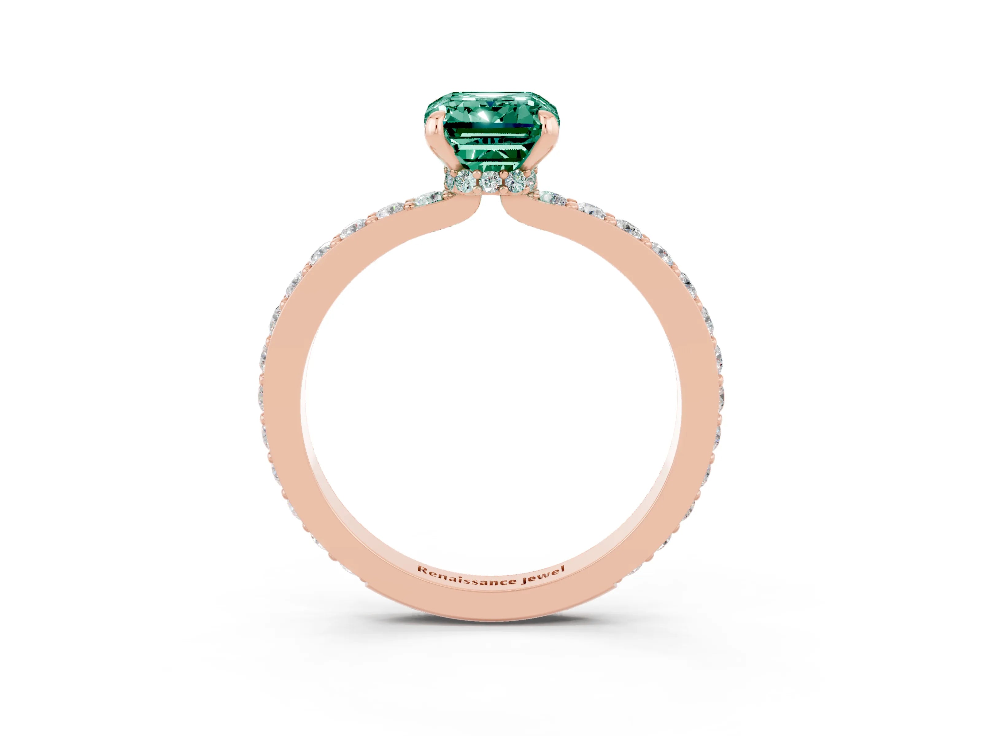 Rose gold Emerald Cut Green Sapphire Solitaire Engagement Ring with Pavé Band and Four-Prong Setting_3