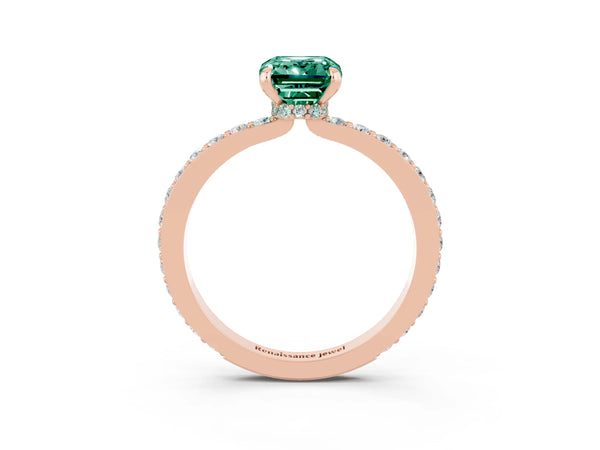 Rose gold Emerald Cut Green Sapphire Solitaire Engagement Ring with Pavé Band and Four-Prong Setting
