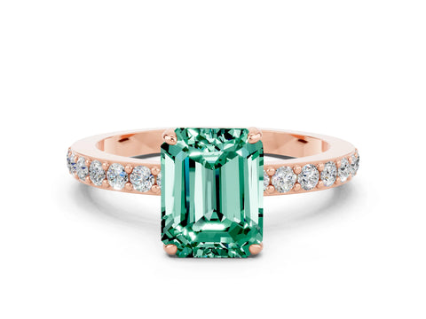 Rose gold Emerald Cut Green Sapphire Solitaire Engagement Ring with Pavé Band and Four-Prong Setting