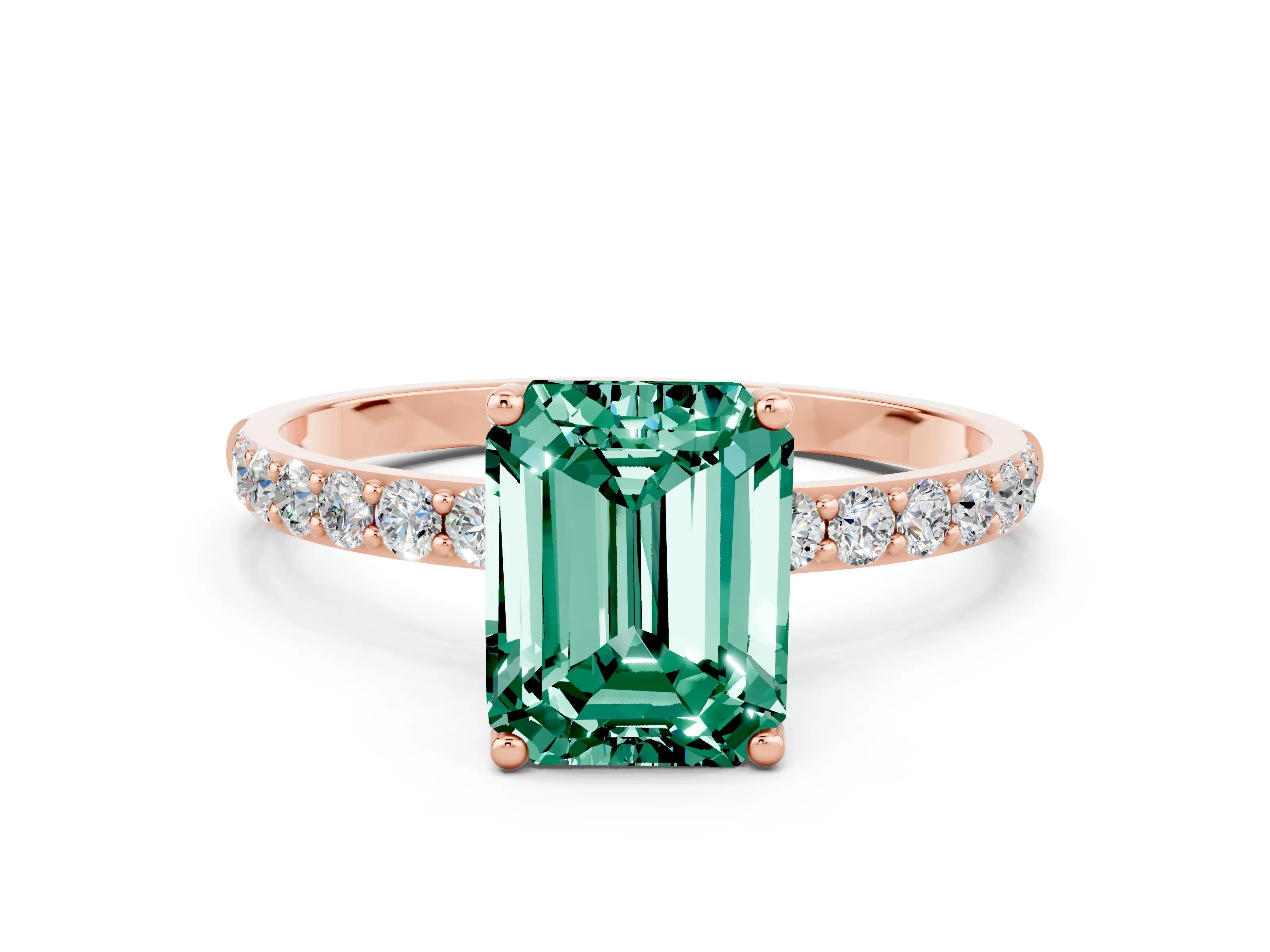 Rose gold Emerald Cut Green Sapphire Solitaire Engagement Ring with Pavé Band and Prong Setting
