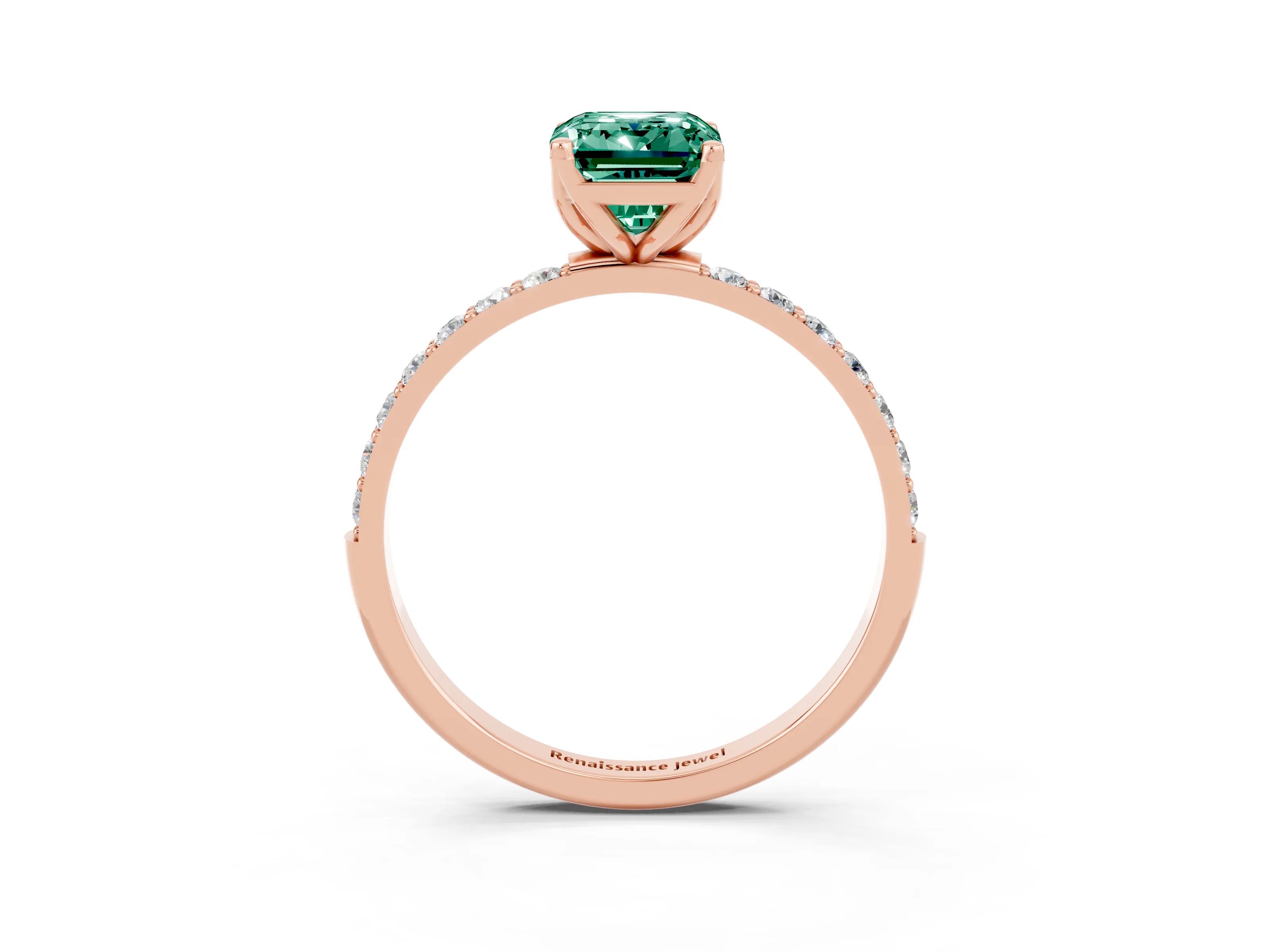 Rose gold Emerald Cut Green Sapphire Solitaire Engagement Ring with Pavé Band and Prong Setting_3