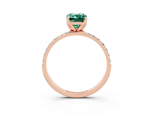 Rose gold Emerald Cut Green Sapphire Solitaire Engagement Ring with Round  Pavé Band and Prong Setting