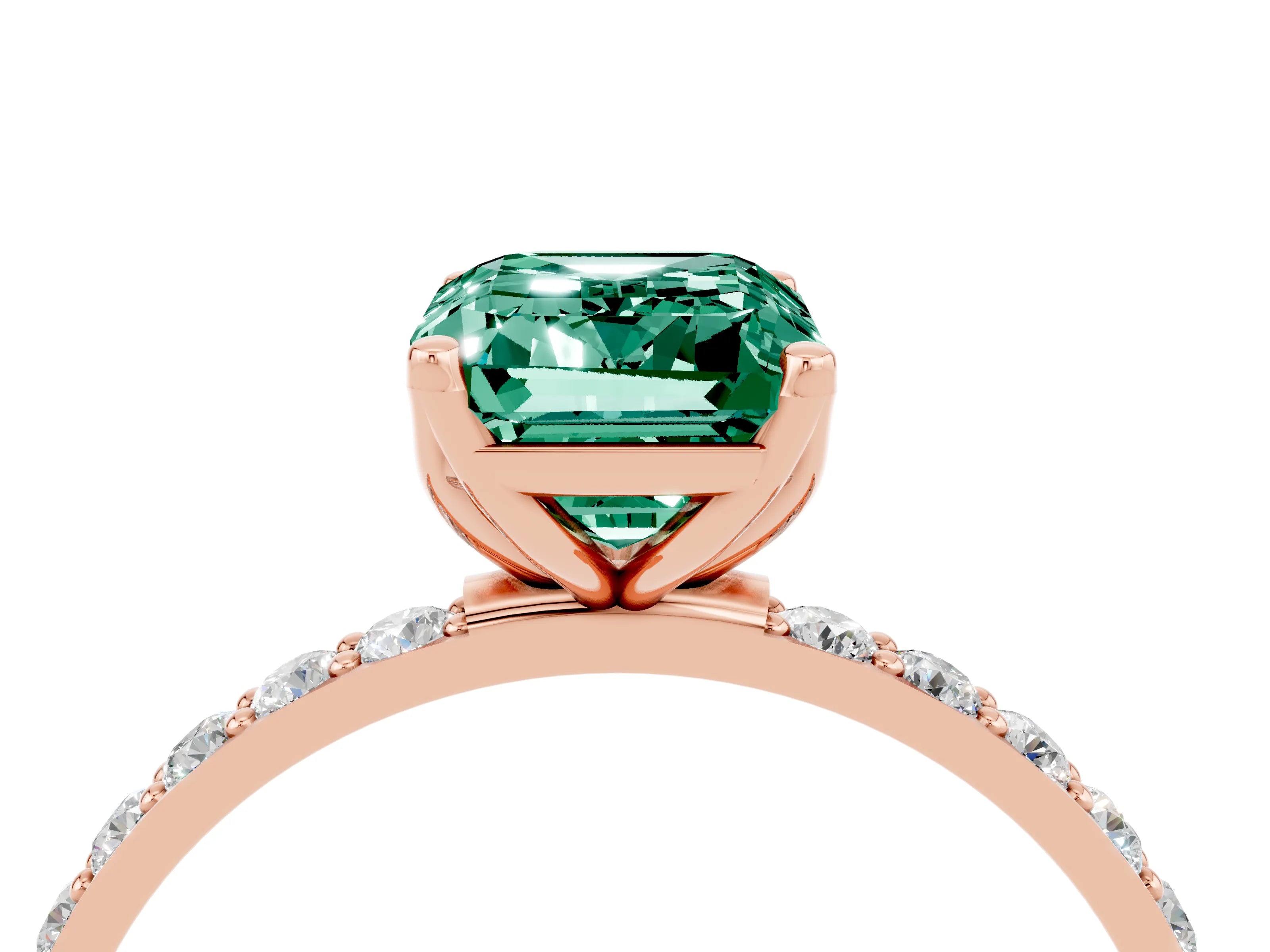 Rose gold Emerald Cut Green Sapphire Solitaire Engagement Ring with Pavé Band and Prong Setting_4
