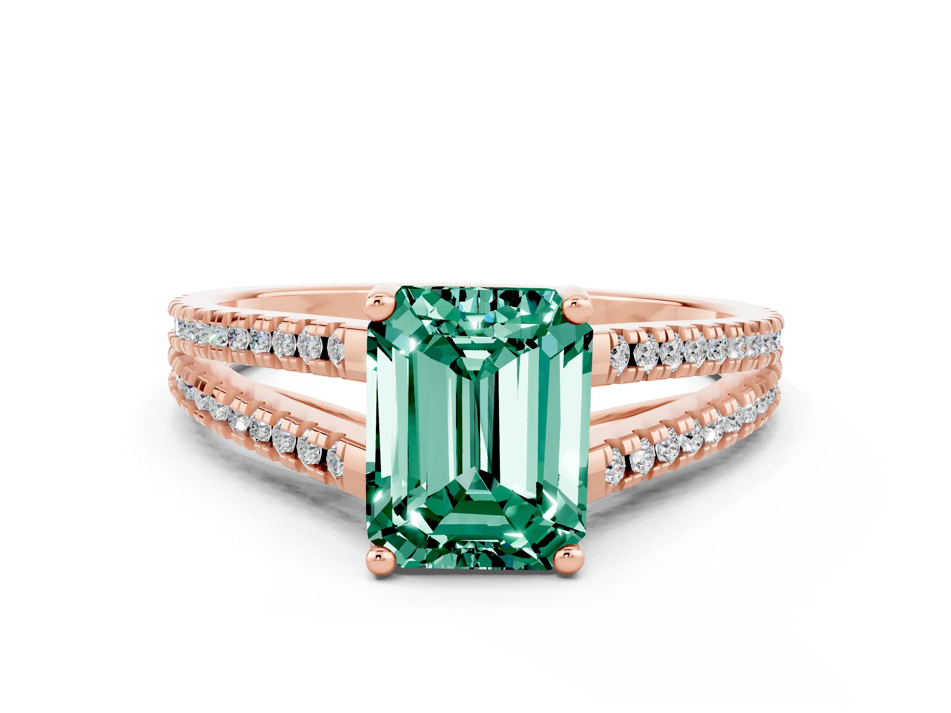 Rose gold Emerald Cut Green Sapphire Solitaire Engagement Ring with Split Shank Pavé Band
