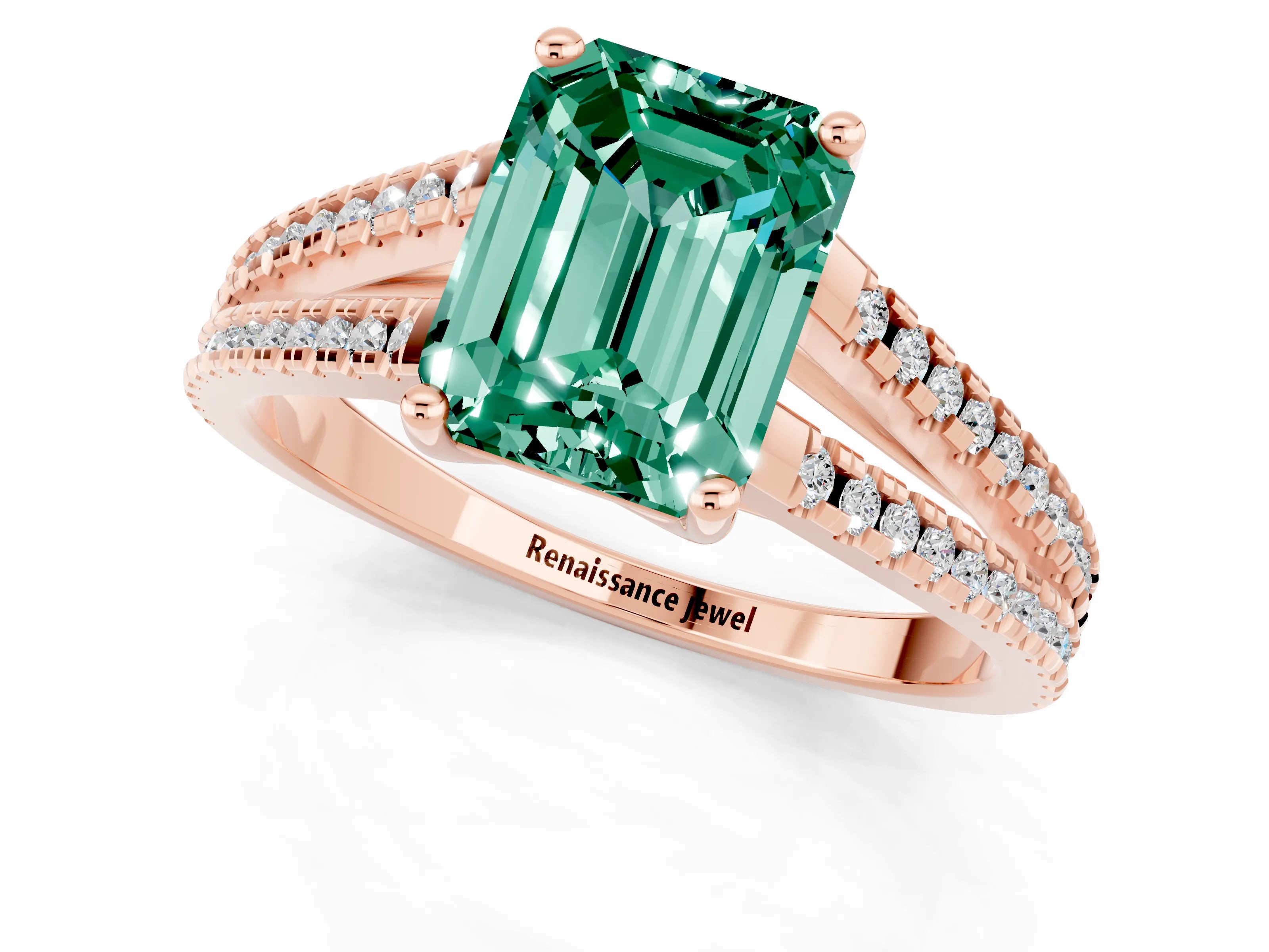 Rose gold Emerald Cut Green Sapphire Solitaire Engagement Ring with Split Shank Pavé Band_1