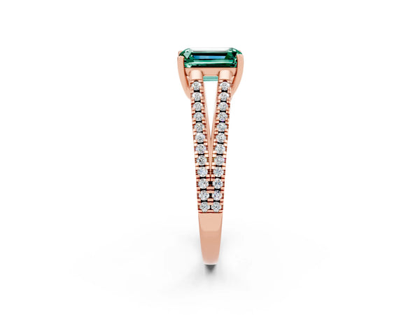 Rose gold Emerald Cut Green Sapphire Solitaire Engagement Ring with Split Shank Pavé Band