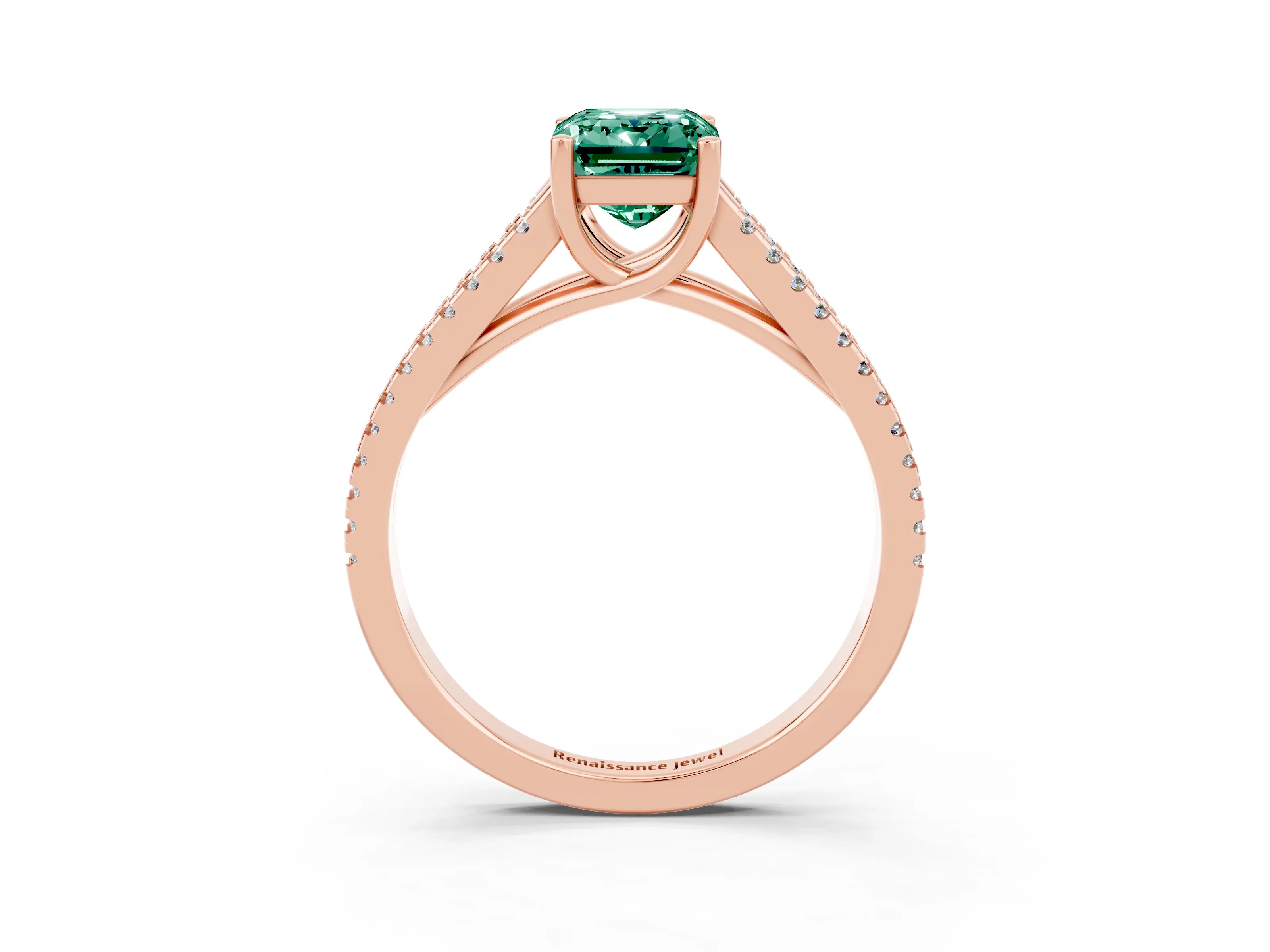 Rose gold Emerald Cut Green Sapphire Solitaire Engagement Ring with Split Shank Pavé Band_3