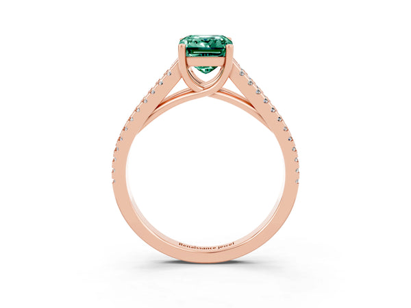 Rose gold Emerald Cut Green Sapphire Solitaire Engagement Ring with Split Shank Pavé Band