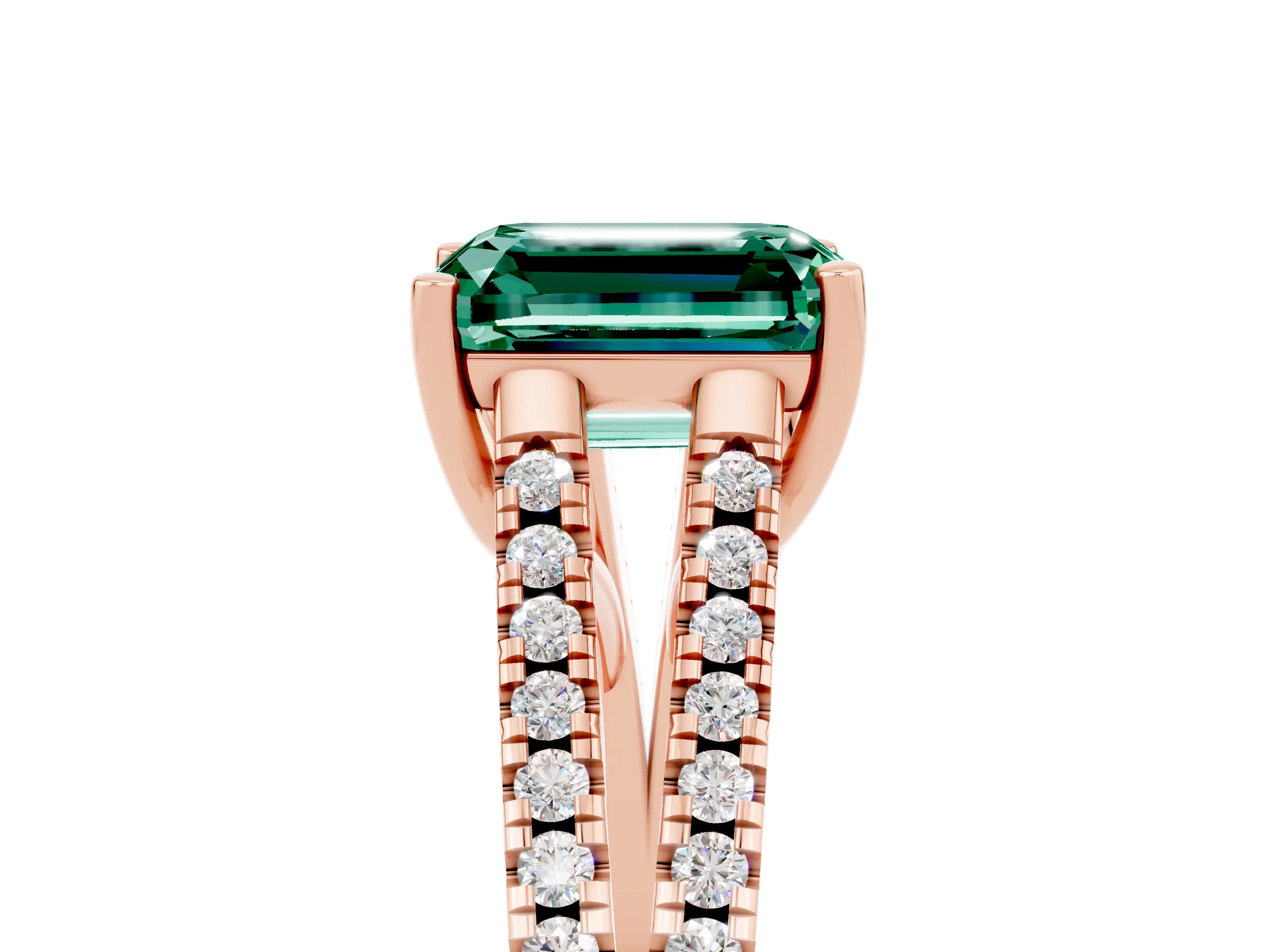 Rose gold Emerald Cut Green Sapphire Solitaire Engagement Ring with Split Shank Pavé Band_5