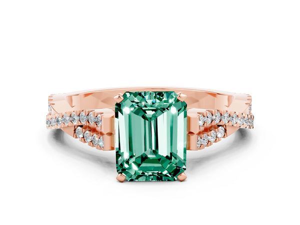 Rose gold Emerald Cut Green Sapphire Solitaire Engagement Ring with Twisted Pavé Band and Four-Prong Setting