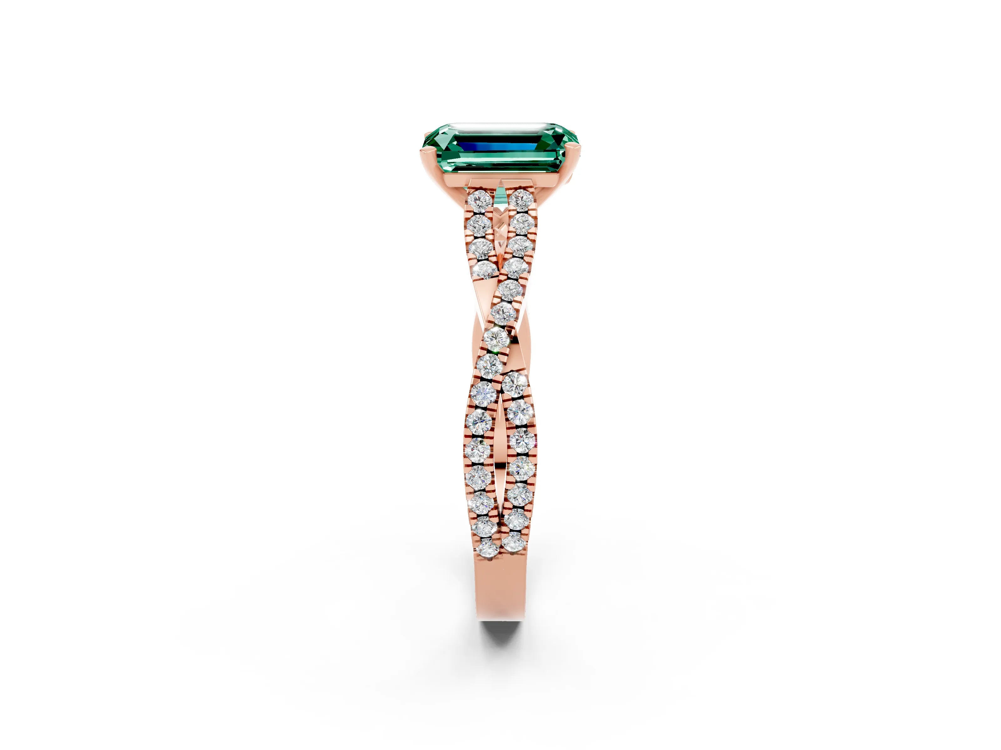 Rose gold Emerald Cut Green Sapphire Solitaire Engagement Ring with Twisted Pavé Band and Four-Prong Setting_2