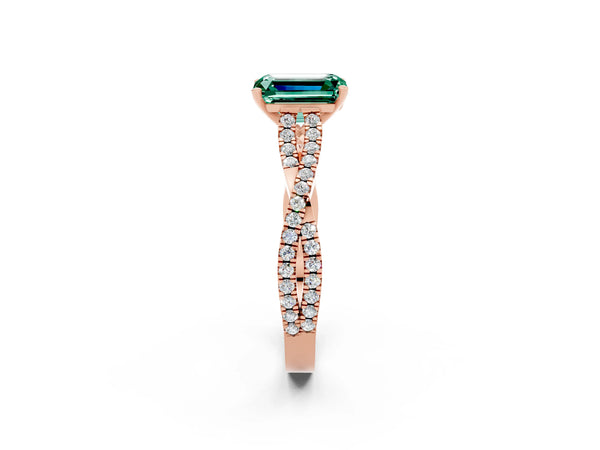Rose gold Emerald Cut Green Sapphire Solitaire Engagement Ring with Twisted Pavé Band and Four-Prong Setting