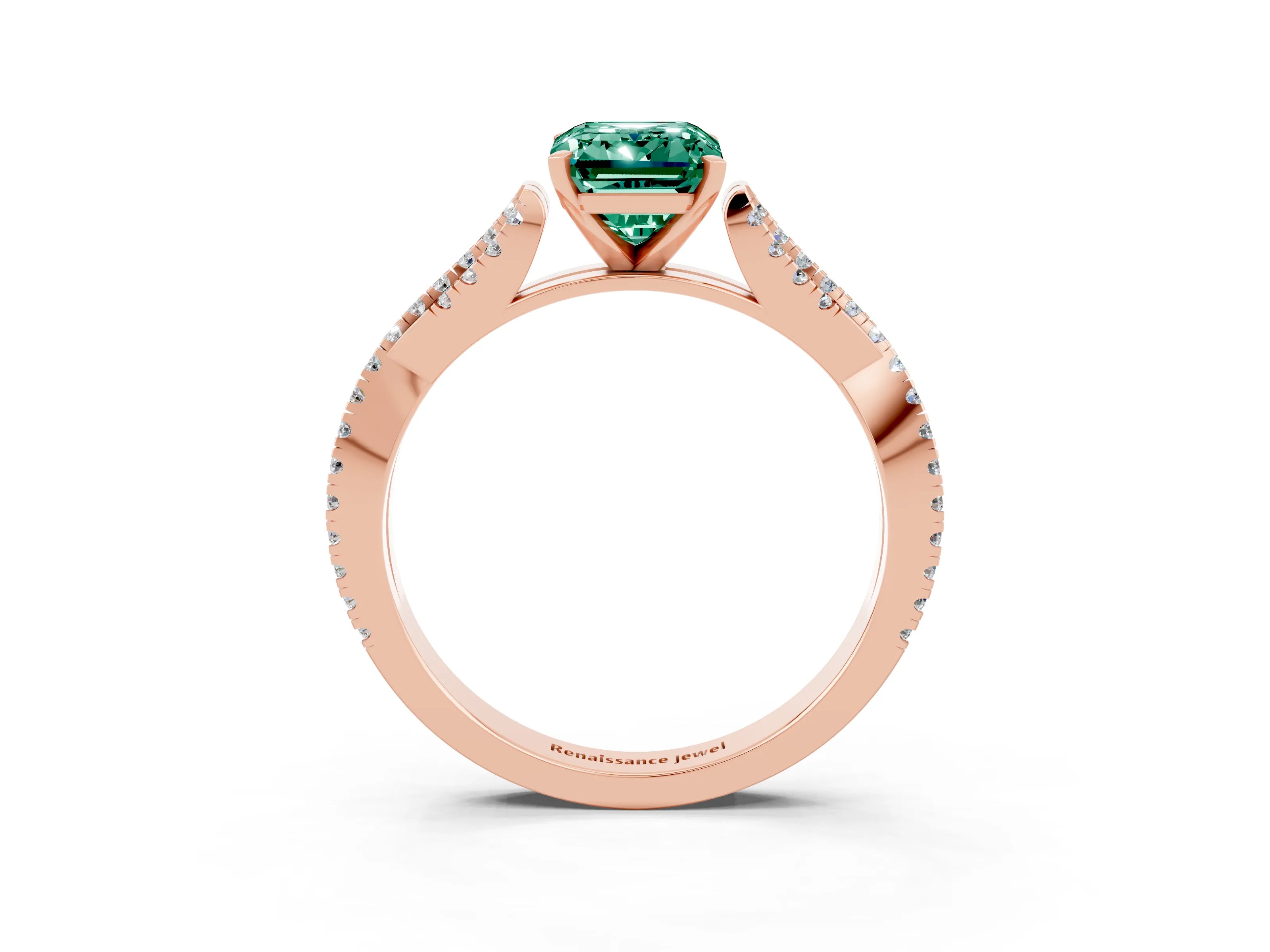 Rose gold Emerald Cut Green Sapphire Solitaire Engagement Ring with Twisted Pavé Band and Four-Prong Setting_3