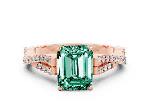Rose gold Emerald Cut Green Sapphire Solitaire Engagement Ring with Twisted Pavé Band and Four-Prong Setting