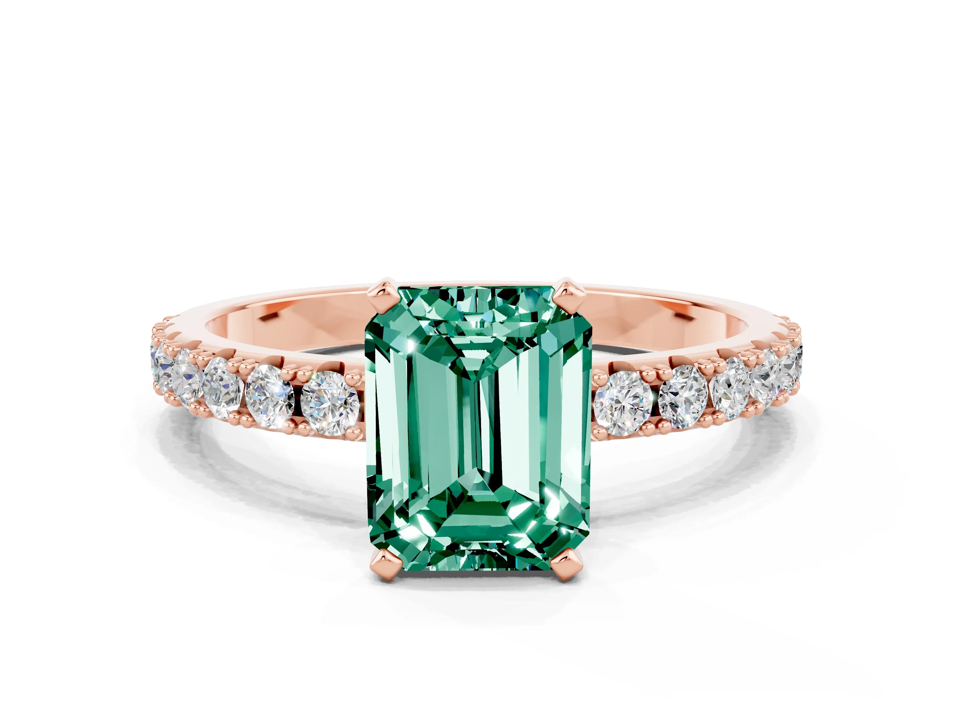 Rose gold Emerald Cut Green Sapphire Solitaire Pavé Band with Four-Prong Setting