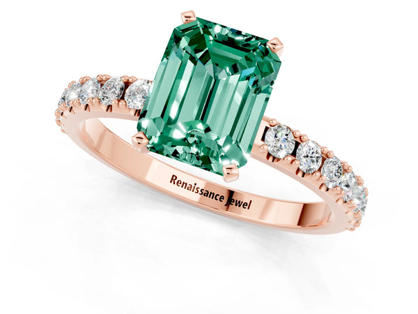 Rose gold Emerald Cut Green Sapphire Solitaire Pavé Band with Four-Prong Setting