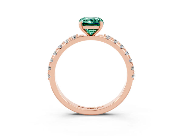 Rose gold Emerald Cut Green Sapphire Solitaire Pavé Band with Four-Prong Setting