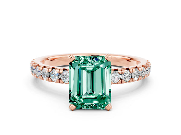 Rose gold Emerald Cut Green Sapphire Solitaire Pavé Engagement Ring with Round Band and Prong Setting