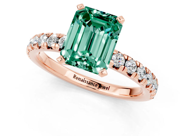Rose gold Emerald Cut Green Sapphire Solitaire Pavé Engagement Ring with Round Band and Prong Setting