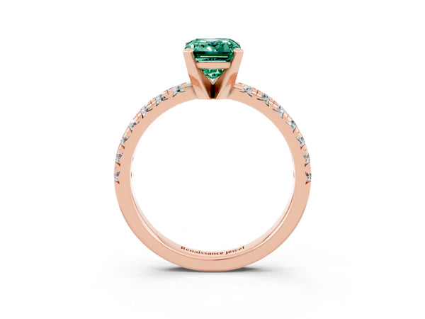 Rose gold Emerald Cut Green Sapphire Solitaire Pavé Engagement Ring with Round Band and Prong Setting