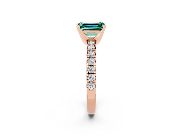 Rose gold Emerald Cut Green Sapphire Solitaire Pavé Engagement Ring with Round Band and Prong Setting