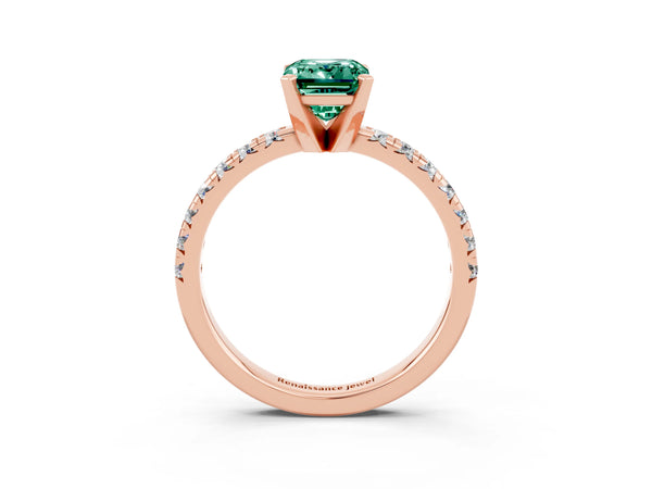 Rose gold Emerald Cut Green Sapphire Solitaire Pavé Engagement Ring with Round Band and Prong Setting